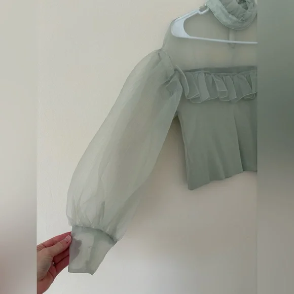 Zara Organza Sheer Ruffle Knit Top in Sea Foam Green Blogger Favorite Size Small - Picture 10 of 16